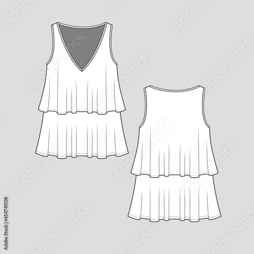 v neck sleeveless flare ruffles top Fashion layered ruffle  flounce flat sketch drawing cad design vector