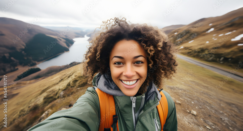 Young smiling black woman taking selfie while hiking alone in mountains - obrazy, fototapety, plakaty 