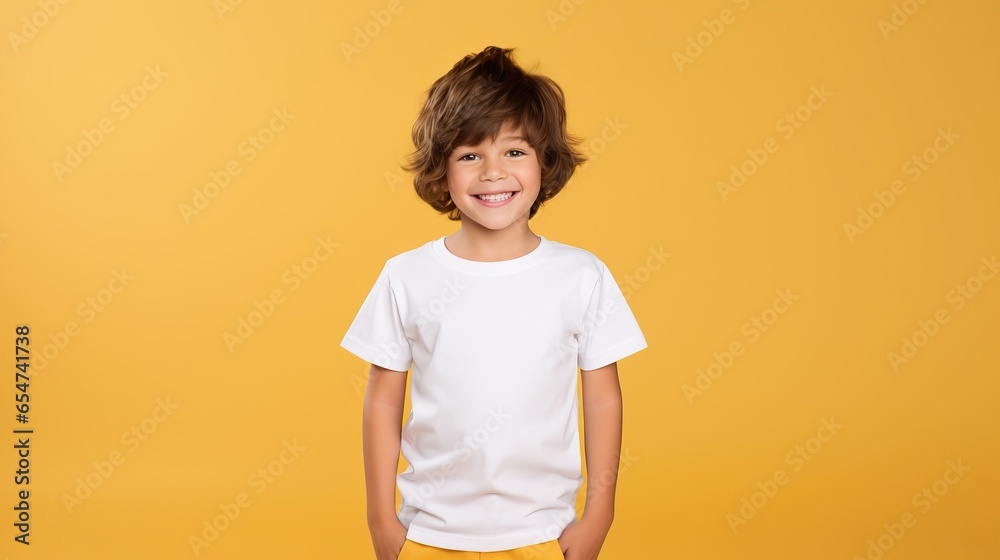 Happy smiling boy in white plain t-shirt posing on colored background