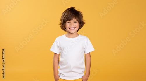 Obraz na płótnie Happy smiling boy in white plain t-shirt posing on colored background w salonie