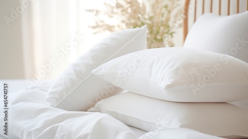 Stack of white pillows, modern interior bedroom