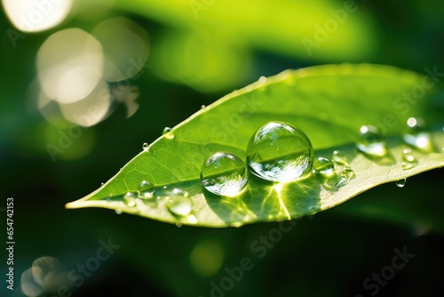 Beautiful water droplet on green leaf with sun glare capturing the artistic beauty of nature in spring summer