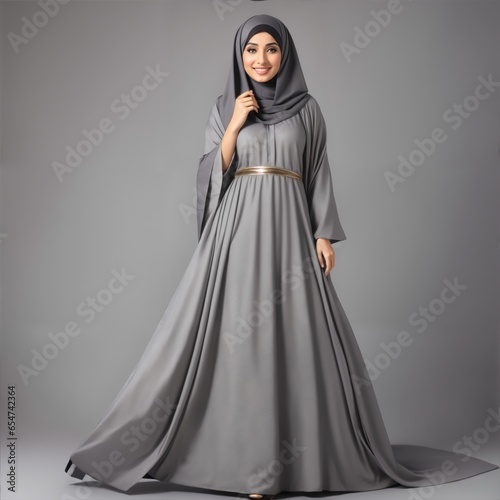 portrait of beautiful young muslim woman wearing hijab over grey background