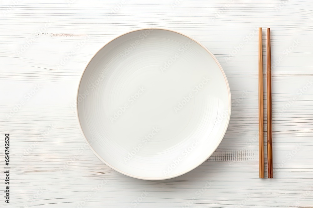 Ceramic plate and chopsticks on white table Ceramic plate and chopsticks on white table