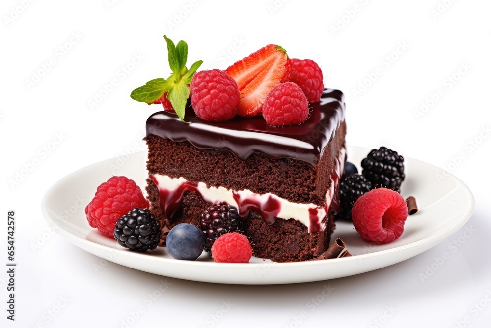 Chocolate cake with icing and fresh berry on white background Chocolate cake with icing and fresh berry on white background