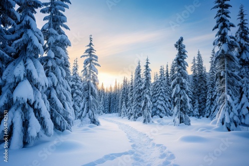 Winter wonderland with snow-covered evergreen trees. Generative AI © Euphemia