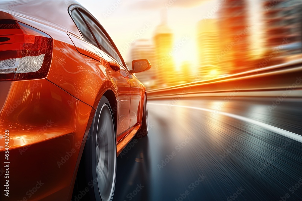 Close up of a car racing on a highway emphasizing speed and transportation