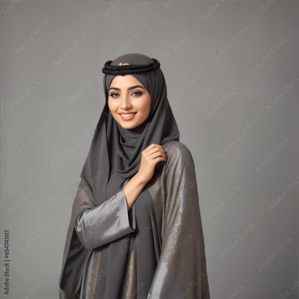 Portrait of beautiful muslim woman with hijab on gray background.