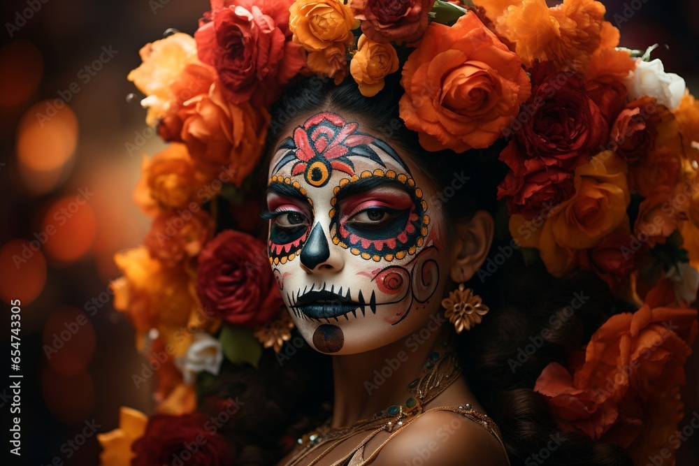 Day of Dead Catrina Woman, Traditional Dia de Muertos Attire on a Beautiful Mexican Lady