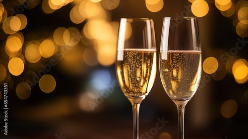 Glasses of champagne, sparkling wine toasting, bokeh background