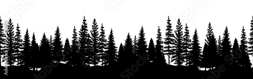 Evergreen trees forest silhouette. Seamless border. vector illustration