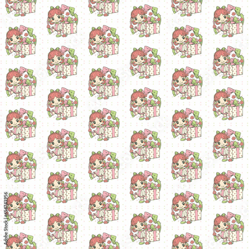 Seamless pattern of girl and big gift box, Cute cartoon wallpaper for textile, Thanksgiving Day seamless pattern theme, for use as wallpaper or gift wrap paper.