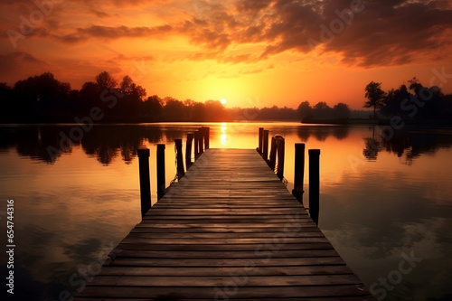 Wooden pier on the lake at sunset, Beautiful nature backgroundWooden jetty on a lake at sunrise, Beautiful summer landscape photo