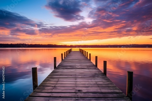 Wooden jetty on the lake at sunset. Beautiful sky background