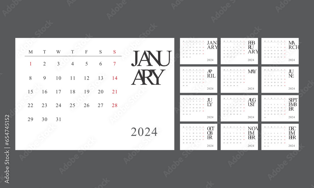 Desk calendar in a minimalist style. Monthly calendar template for 2024 year for business Desk calendar in a minimalist style. Monthly calendar template for 2024 year for business