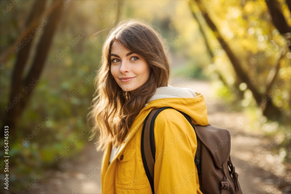 beautiful young female tourist in a yellow coat with a backpack walks along a wooden path in the forest beautiful young female tourist in a yellow coat with a backpack walks along a wooden path in the forest