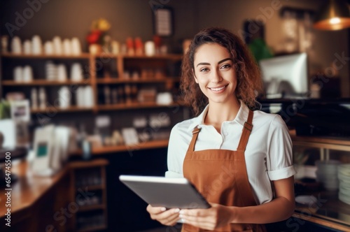 beautiful barista woman with a digital tablet stands behind the counter of a coffee shop