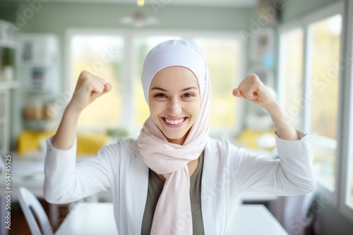 woman fighting cancer, wears a white scarf, and clenches her arms as a survivor fighter photo