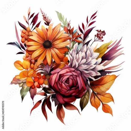 Watercolor Illustration of Bouquet with Autumn Flowers