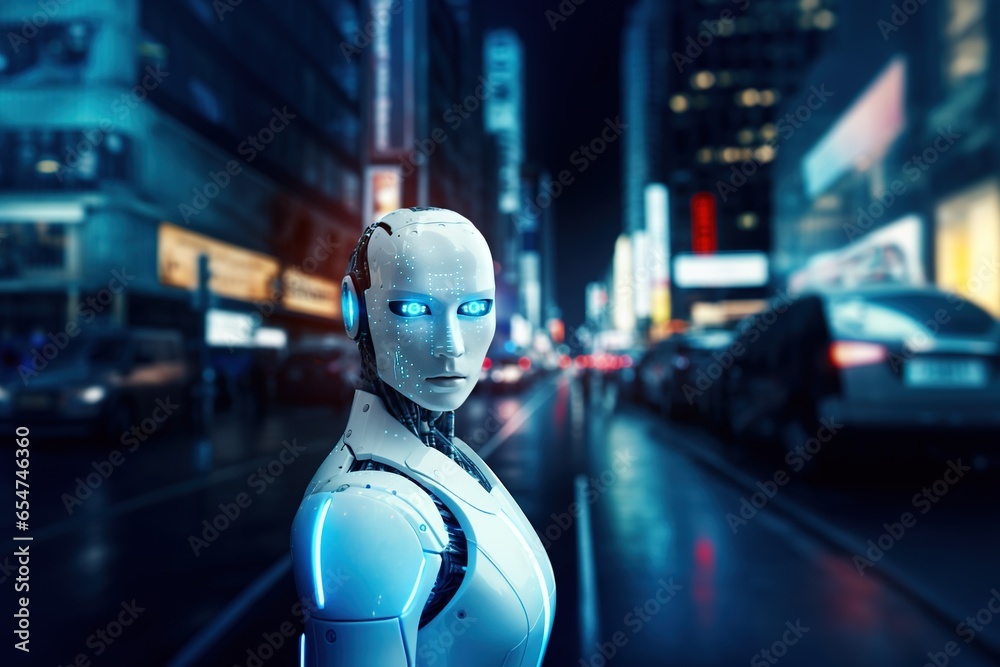 robot in front of night city in blue light robot in front of night city in blue light