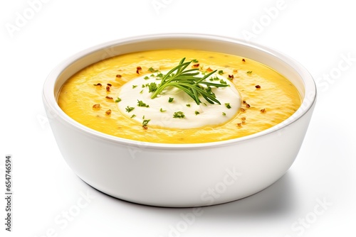 Isolated yellow lentil soup on white