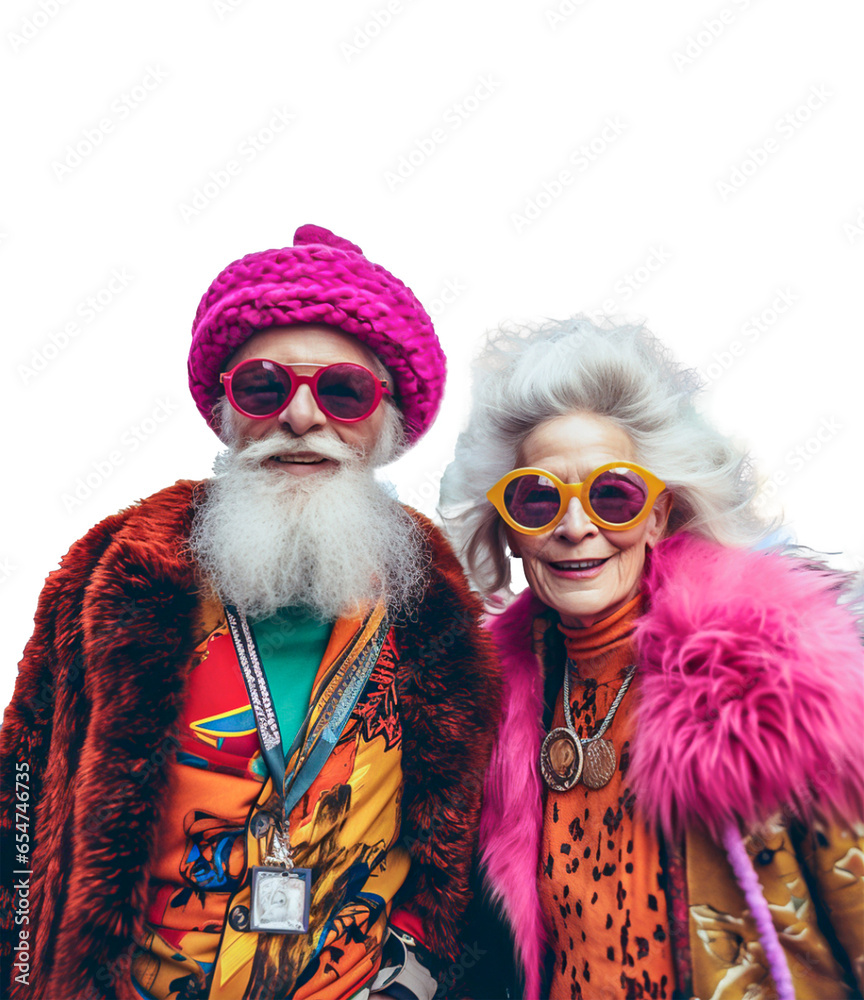 Ekscentryczna para starszych ludzi, mężczyzna i kobieta, kolorowo ubrani. Transparentne tło. - obrazy, fototapety, plakaty 