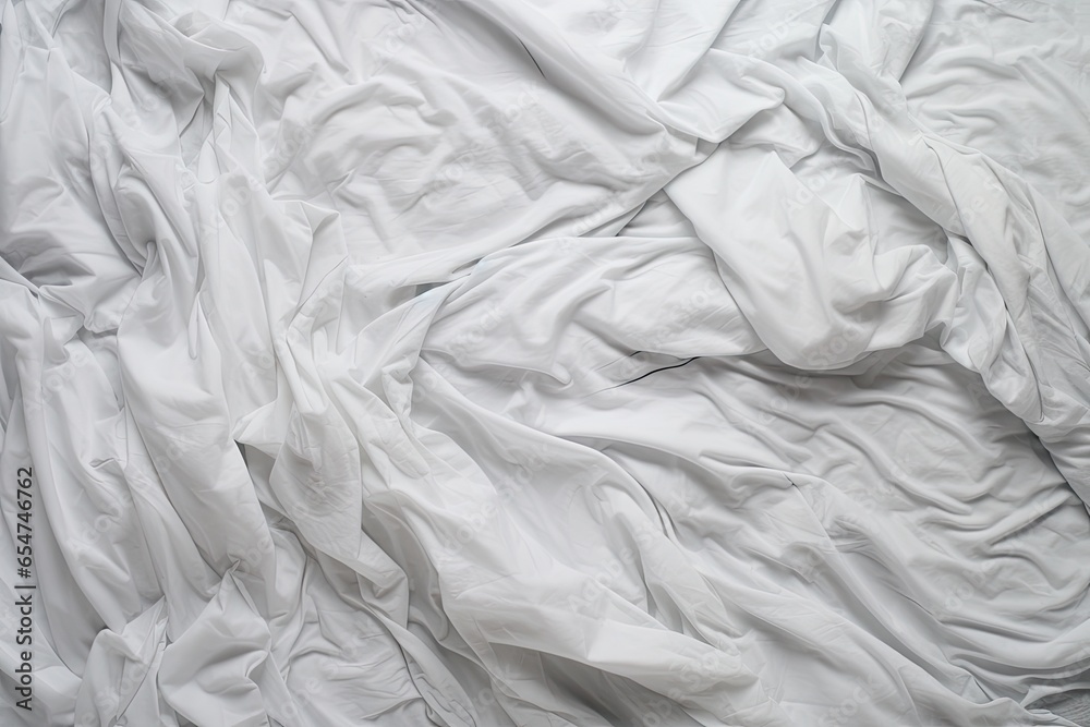 Fototapeta premium Messy bedding sheet from above after sleeping