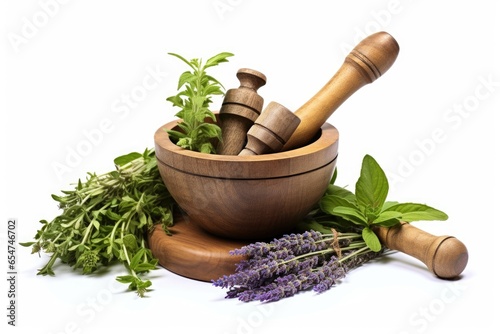 Medicinal herbs in mortar and pestle white background top view Herbal medicine idea