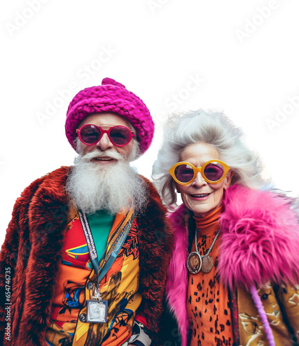Ekscentryczna para starszych ludzi, mężczyzna i kobieta, kolorowo ubrani. Transparentne tło.
