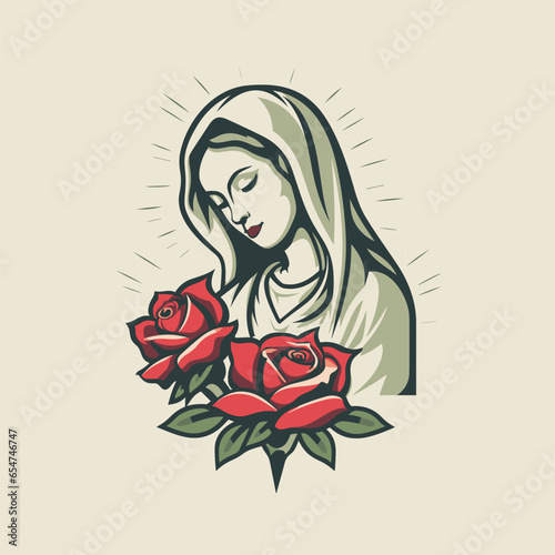 vector illustration of Our Lady Virgin Mary Mother of Jesus,  Holy Mary in roses printable, suitable for logo, sign, tattoo, laser cutting, sticker and other print on demand