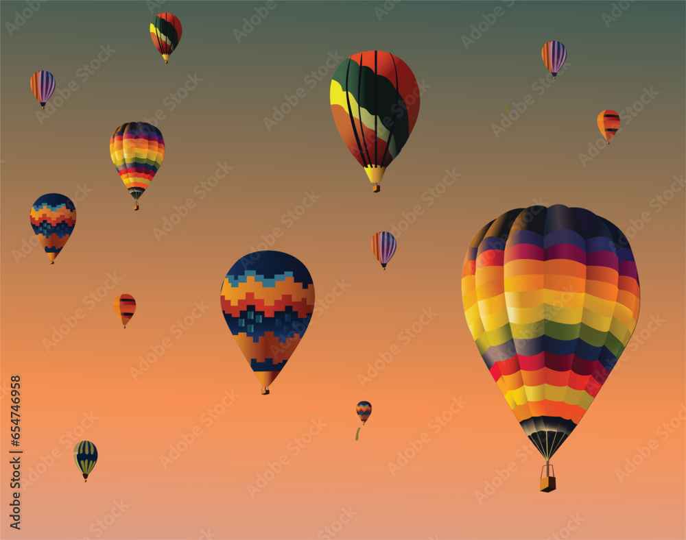 Obraz premium Vintage Air balloons on the sky, Vector Background. air balloons with background of mountains travel poster with air balloons