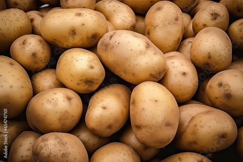 Organic potato stands out among large market potatoes Heap of root vegetables Close up texture Macro shot
