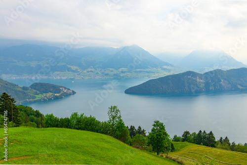 Fototapeta Naklejka Na Ścianę i Meble -  A breathtaking panoramic view of Lake Lucerne from the Rigi mountain range of the Alps