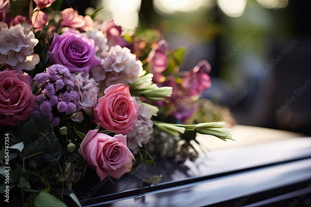 Flower closeup on an outdoor funeral casket - obrazy, fototapety, plakaty 