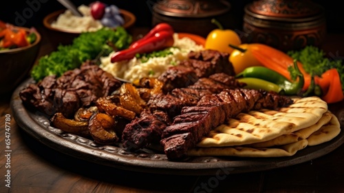 Arabic grilled arabic food dishes kebab, dolma, mansaf, shawarma Turkish and Arabic Traditional Ramadan Mix Vali Kebab Plate inside Adana, Urfa, Chicken, Lamb, Liver and Beef on bread on table photo