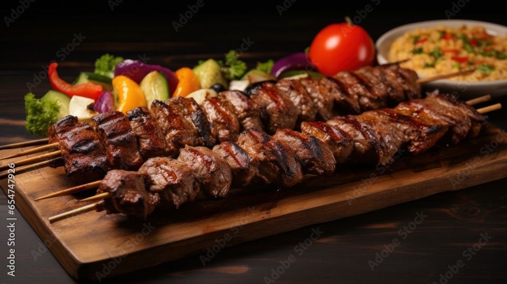 Arabic grilled arabic food dishes kebab, dolma, mansaf, shawarma Turkish and Arabic Traditional Ramadan Mix Vali Kebab Plate inside Adana, Urfa, Chicken, Lamb, Liver and Beef on bread on table