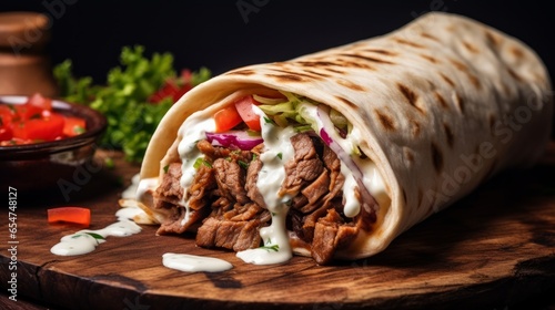 Beef shawarma sandwich fresh roll, wrap of grilled meat and salad tortilla wrap with white sauce. turkish Doner Kebab on a lavash - Shawarma Beef.