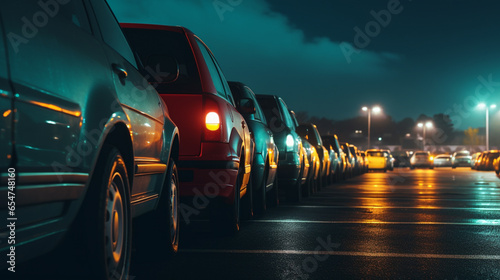 a row of parked cars at night on a parking lot