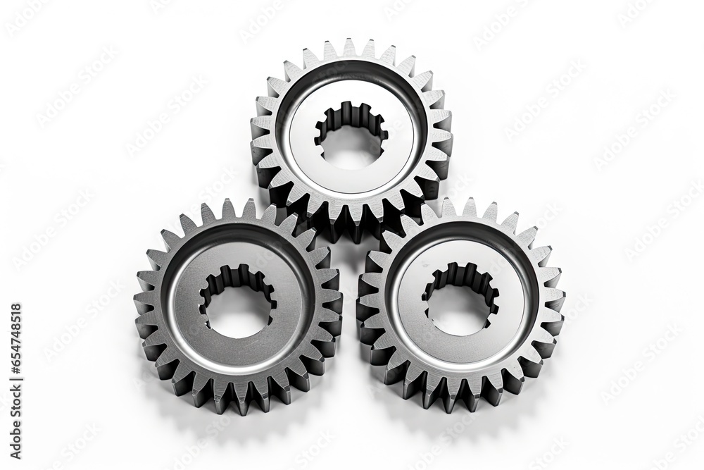 Real photo of 3 metal gears isolated on white background represents the concept of teamwork in business Real photo of 3 metal gears isolated on white background represents the concept of teamwork in business