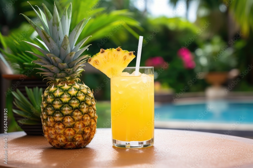 Selective focus on a glass of pineapple juice with a straw a piece of pineapple and another pineapple nearby Selective focus on a glass of pineapple juice with a straw a piece of pineapple and another pineapple nearby