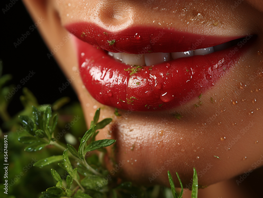 Wunderschöne sexy rote Lippen mit Wassertropfen einer Frau mit Zähne und Salat Nahaufnahme, ai generativ - obrazy, fototapety, plakaty 