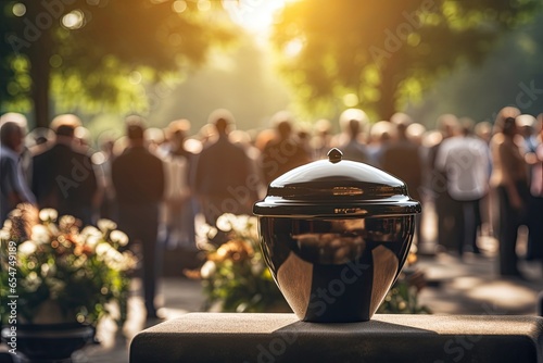 Sorrowful moment at funeral with people mourning bidding last farewell to person in urn