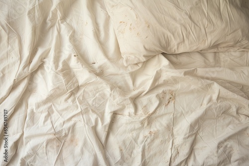 Stained white pillow with creased sheet dirty pillow on bed photo