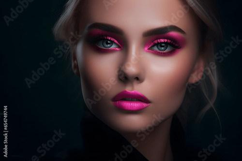 Photo of a model  a beautiful girl with bright makeup  close-up of her face.