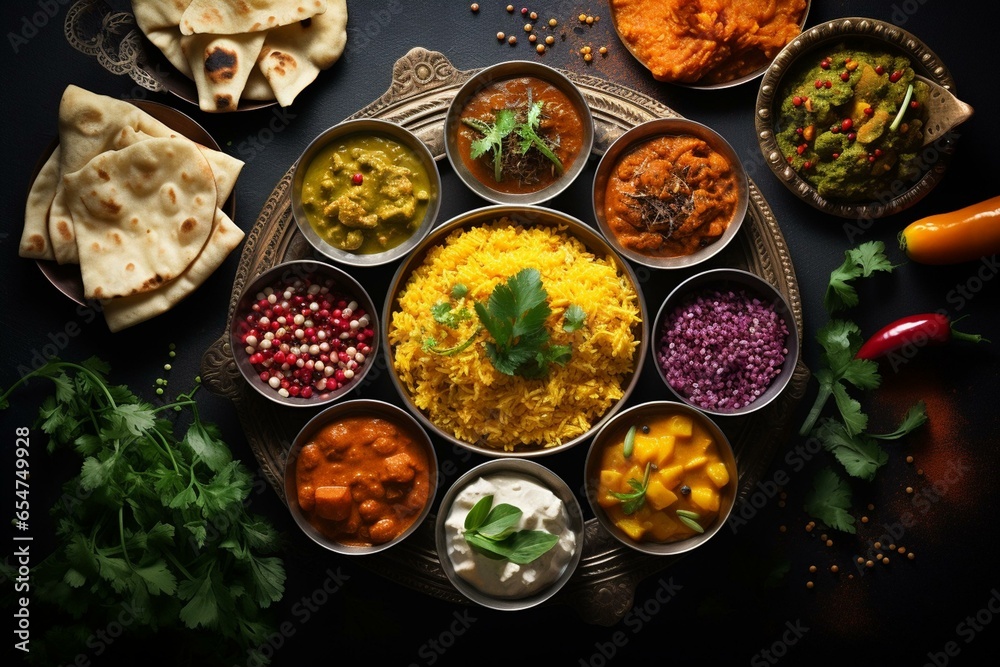 assorted indian cuisine on dark rustic background with traditional dishes and spices. square top view photo. Generative AI - obrazy, fototapety, plakaty 