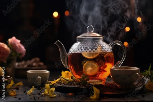 Tea brewing process hot water poured into tea leaves