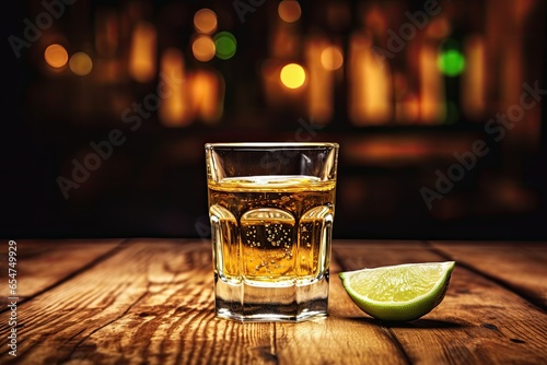 Tequila shot in a glass on a wooden table Blurry background Rustic bar vibe
