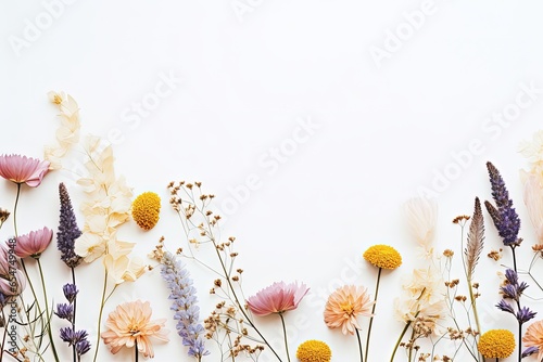 Text space available for beautiful fresh and dry flowers on a white background in a flat lay © The Big L