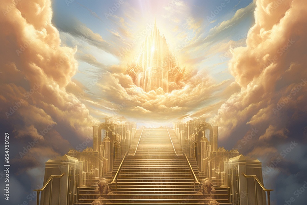 Golden light shines through a heavenly gate, illuminating a stairway to paradise. Generative AI - obrazy, fototapety, plakaty 