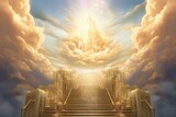 Golden light shines through a heavenly gate, illuminating a stairway to paradise. Generative AI
